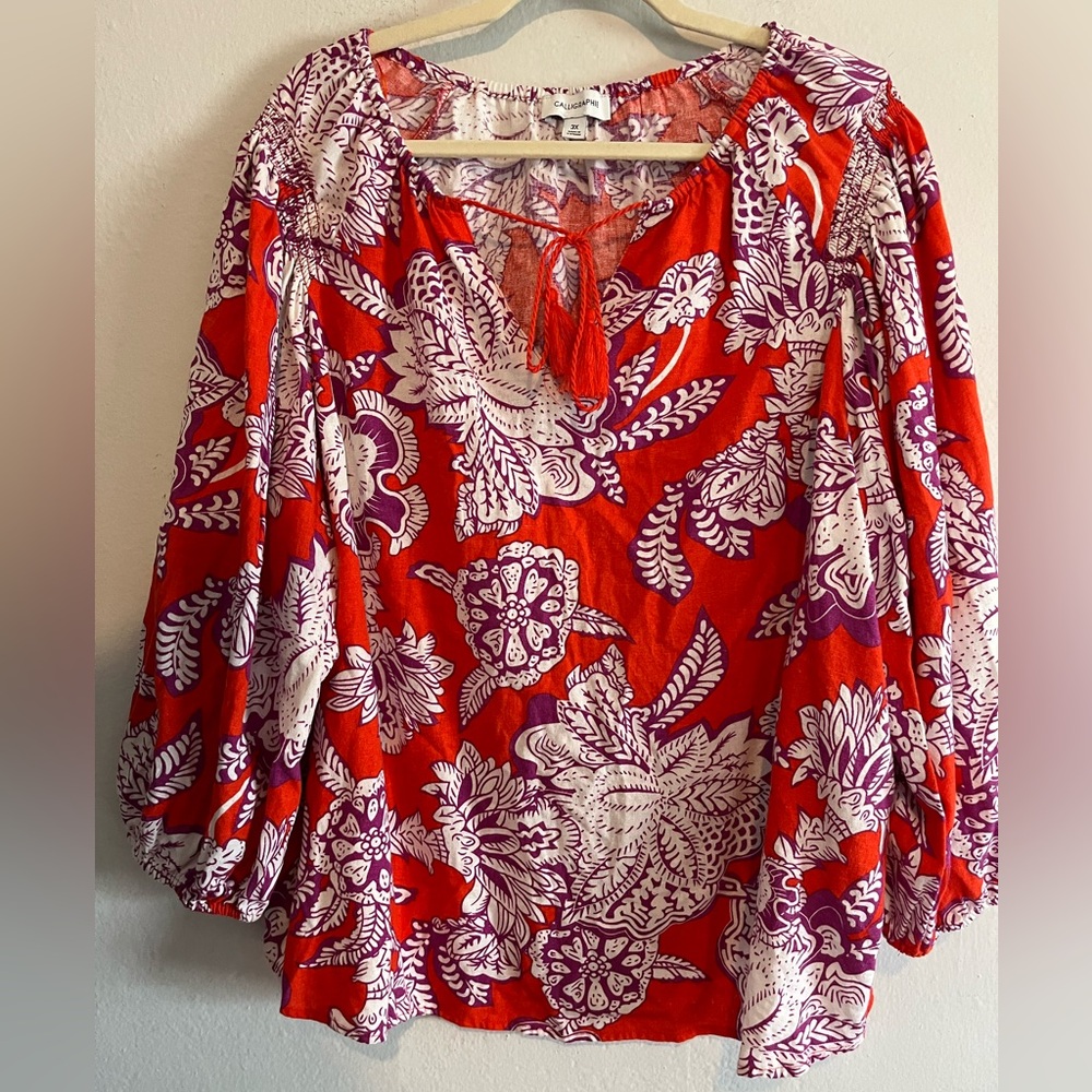 Anthropologie Calligraphie Floral Linen Blend Blouse 3XL Resort Vacation Cruise